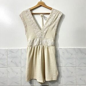Zara S Ivory Cream Lace V Neck Open Back Romper Feminine Romantic Coquette